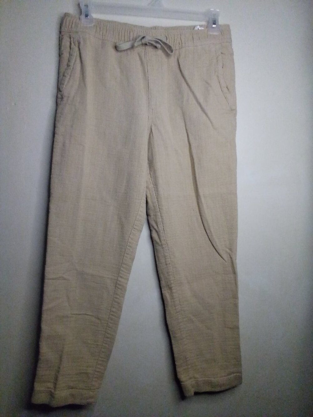 Zara Pants Women M 100% Cotton Textured Elastic Drawstring Tan